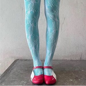 80D Velvet Robin’s Egg Blue Tights + Floral Fishnet Tights